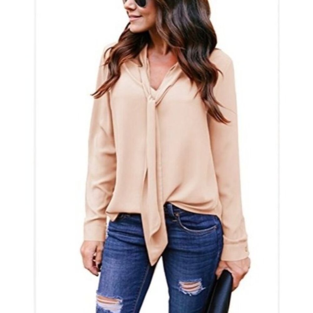Yidarton Womens Blush Pink Long Sleeve Tie Neck Blouse Polyester M - Picture 7 of 8